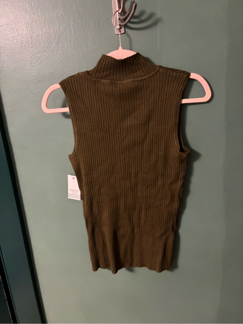 Sleeveless Ribbed Mock Neck Top in Olive Green - Picture 3 of 5